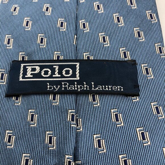Polo by Ralph Lauren Blue and White Hand Made Silk Tie - Picture 3 of 5